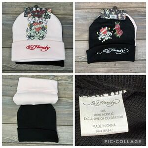 Ed Hardy 2-Pack Knit Beanie Hat Love Kills Slowly Skull‎ Roses Womens Stretch